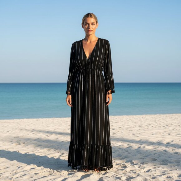 NWT $189 ASHLEY TAYLOR boho maxi dress black / silver ONESIZE - Picture 1 of 11